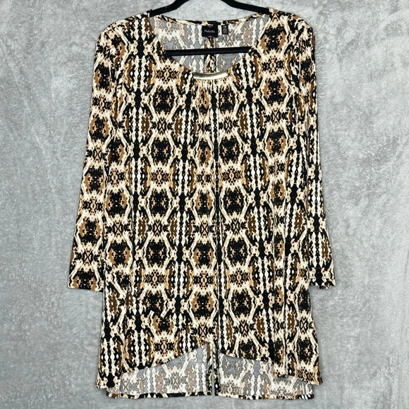 Rafaella Large Shirt Top Brown Snake Print 3/4 Sleeve Scoop Neck Stretch Womens - Picture 1 of 7